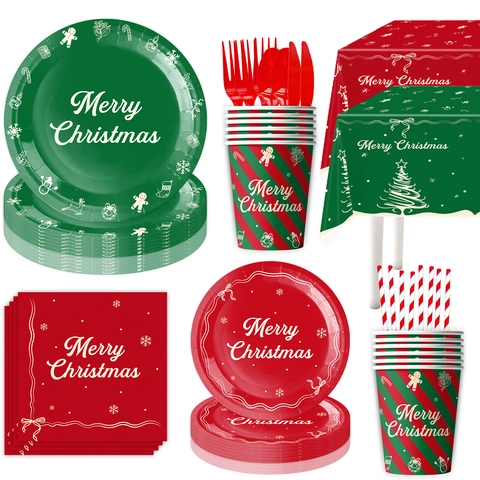Christmas Disposable Tableware Set Red Green Striped Paper Plates Cups Napkins Banner Plastic Cutlery For Xmas Party Supplies