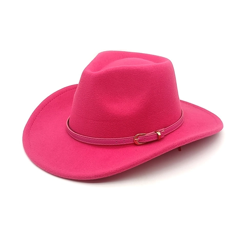 Chapeau Fedora Cowboy Western Bord Large Coton Polyester Feutre Style Rétro Avec Boucle Ceinture Rose Contrastée Hommes Femmes