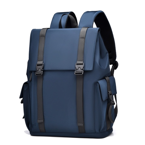 Men Casual Backpack Waterproof Oxford Cloth Flap Top Double Buckle Laptop Compartment Business Travel Schoolbag Minimalist