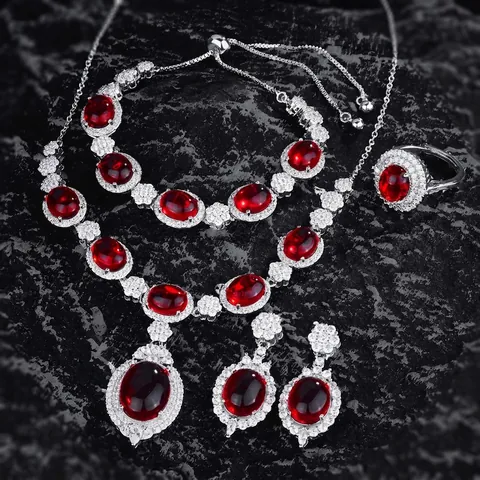 Joyas De Cobre Vintage Collar Pulsera Pendientes Anillo Rubí Rojo Óvalo Circón Amarillo Elegante Lujo Para Mujeres