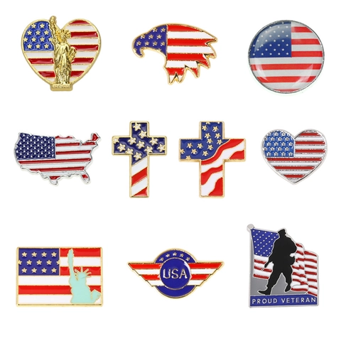USA Flag Enamel Pin Brooch Statue Of Liberty Eagle Heart Shape Patriotic Badge For Backpack Clothing Accessory Zinc Alloy Jewelry
