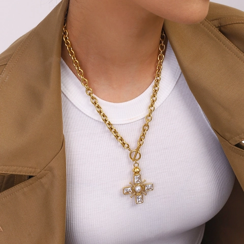 Collana In Acciaio Inossidabile Pendente Croce Uccello Stella Marina Cristallo Perla Artificial Vintage Impermeabile Ipoallergenico Donna