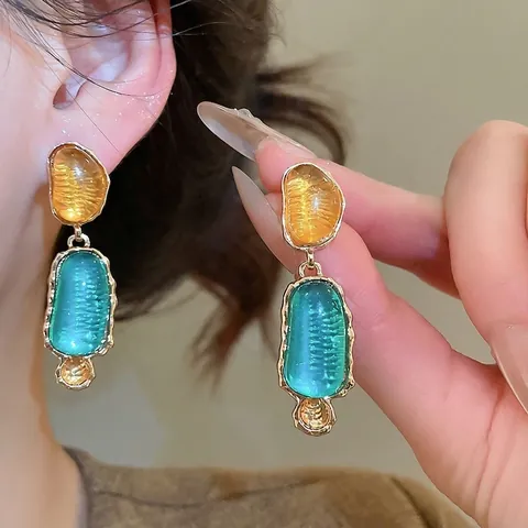 Vintage Irregular Geometric Drop Earrings Resin Alloy With 925 Sterling Silver Earring Post French Artistic Jewelry For Women
