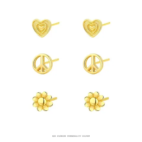 925 Sterling Silver Gold Plated Heart Daisy Flower Peace Sign Stud Earrings For Women Elegant Minimalist Premium Jewelry Gift