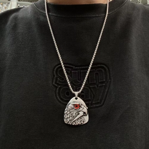 Stainless Steel Eagle Head Pendant Necklace Retro Hip Hop Lightning Bolt Colorful Eyes Jewelry For Men Punk Style