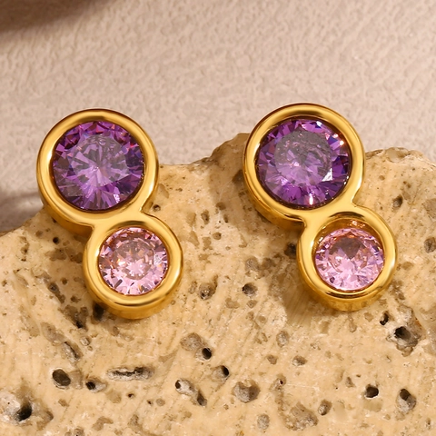Stainless Steel Geometric 8 Shape Stud Earrings For Women With 18K Gold Plating Purple And Pink Round Cubic Zirconia