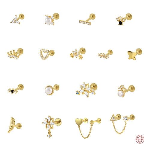 925 Sterling Silver Ear Cartilage Stud Geometric Zirconia Artificial Pearl Body Piercing Jewelry For Women Gold Plated Elegant