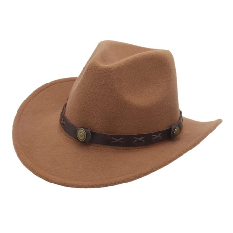 Western Cowboy Hat Vintage Woolen Felt Wide Brim Fedora Jazz Hat With Leather Band Metal Concho For Outdoor Travel Ethnic Style