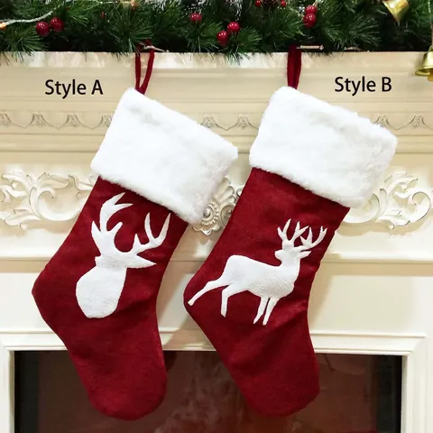 Christmas Stockings Red Burlap Faux Fur Cuff Reindeer Snowflake Tree Embroidered Holiday Gift Bag Hanging Decor