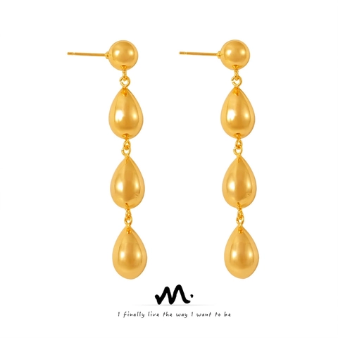 Fashionable Copper Triple Water Drop Earrings For Women Gold Plated Geometric Long Tassel Dangle Earrings Jewelry Accessory
