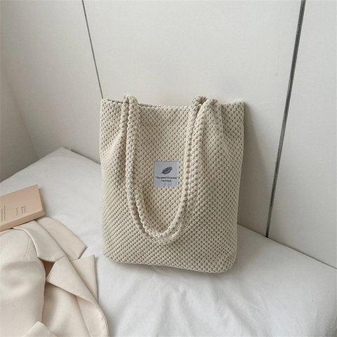 Waffelstruktur Strick Tote Bag Corduroy Große Kapazität Schulterhandtasche Für Frauen Lässig Retro Koreanischer Stil