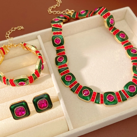 Vintage Square Alloy Jewelry Set With Enamel Rhinestone Necklace Bracelet Earrings And Silver Earring Post