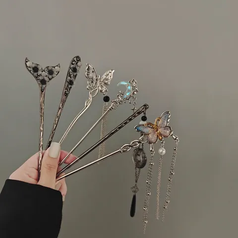 Bastoncino Per Capelli Stile Cinese Vintage Elegante Lega Farfalla Perla Artificial Nappa Luna Hanfu Accessorio Decorativo