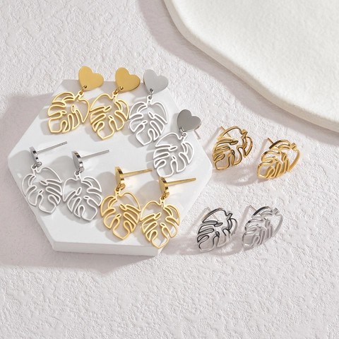 Vintage 18K Gold Plated Stainless Steel Hollow Monstera Leaf Stud Earrings For Women Sweet Heart Drop Dangle Jewelry Gift