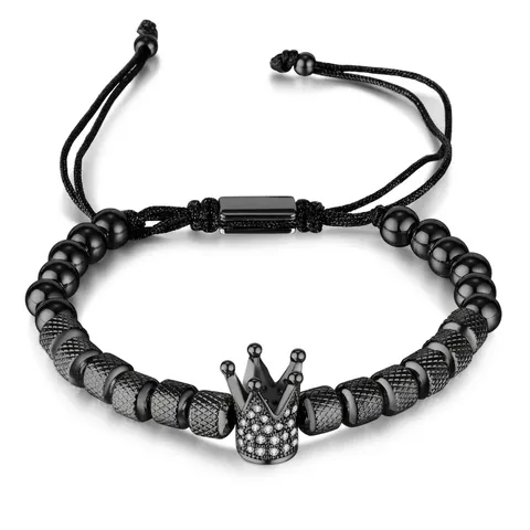 Bracciale Con Perline Corona In Acciaio Inossidabile Zircone Strass Corda Regolabile Gioielli Moda Retrò Da Uomo