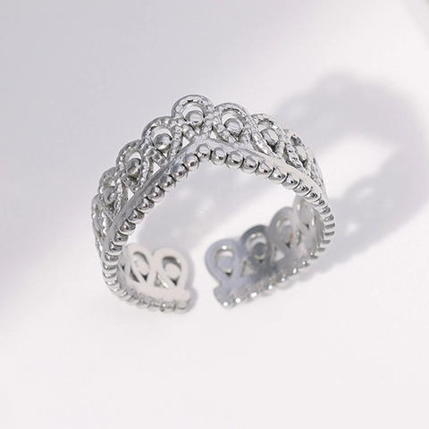 Anillo De Corona Hueca Acero Inoxidable Chapado En Oro De 18K Encaje Retro Borde Perlado Abierto Ajustable Joyas Para Mujer