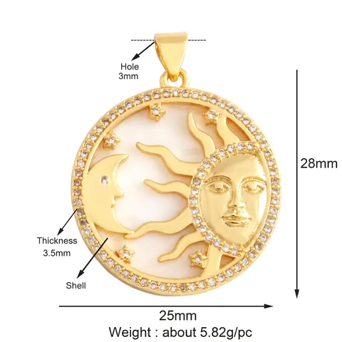 Celestial Sun Moon Star Compass Shield Pendants For DIY Jewelry Making Gold Plated Brass Zircon Shell Enamel Charms