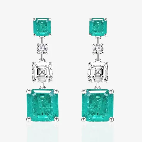 925 Sterling Silber Synthetischer Smaragd Ohrhänger Mit Weißem Zirkonia Geometrischer Vertikaler Baumelndem Schmuck