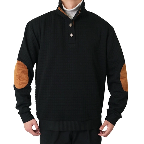 Sudadera De Punto Gofre Para Hombre Cuello Alto Con Botones Manga Larga Pullover Acolchado Retro Parches