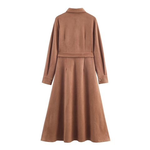 Elegante Abito Lungo A Camicia In Camoscio Con Ricamo Floreale E Cintura A Fiocco Maniche Lunghe Collo A Revers Donna