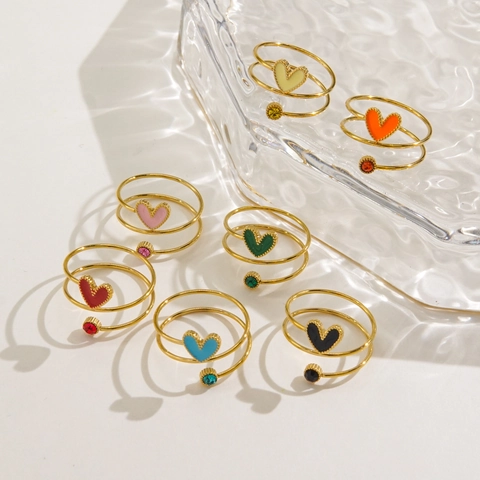 Anello Aperto Cuore Minimalista Acciaio Inossidabile Smalto Strass Regolabile Spirale Gioielli Colorati Per Donna