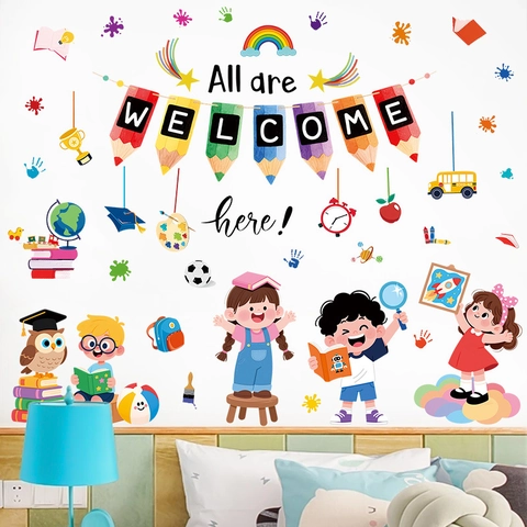 Cartoon Willkommen Zurück Zur Schule Wandaufkleber Für Klassenzimmer Kinderzimmer Dekoration PVC Wasserdichte Pädagogische Schulbus Eule Wandaufkleber