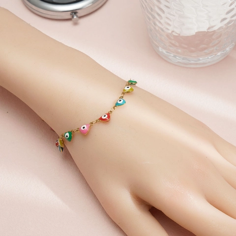 Pulsera Étnica de Acero Inoxidable Corazón Ojo Turco Esmaltada para Mujer Chapada en Oro 18K Religiosa Amuleto Ojo Azul Joyería