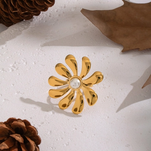 Verstellbarer Blumenring Aus Edelstahl Gold Vergoldet Mit Künstlicher Künstliche Perle Gänseblümchen Design Hypoallergen Schmuck Für Damen