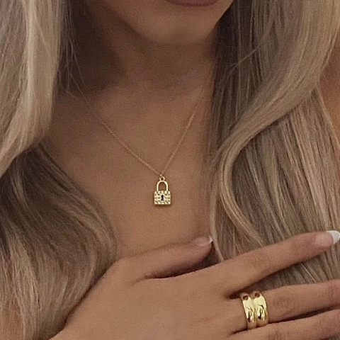 Square Lock Pendant Necklace And Earrings 18K Gold Plated Brass Cubic Zirconia Pave Elegant Retro Jewelry For Women
