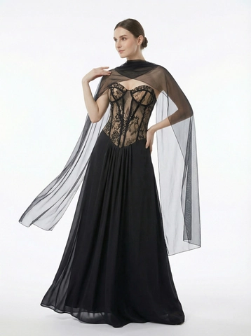 Robe De Soirée Longue Élégante En Dentelle Avec Corset Et Châle En Maille Transparente Tenue Formelle Femmes