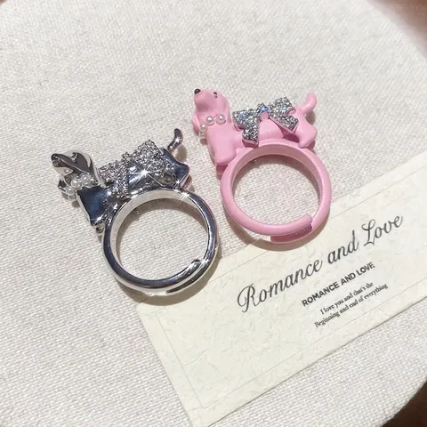 Bague Ouverte Réglable Chiot De Dessin Animé Mignon Avec Noeud En Zircon Et Bijoux En Métal De Cuivre Künstliche Perle D'imitation Pour Femmes