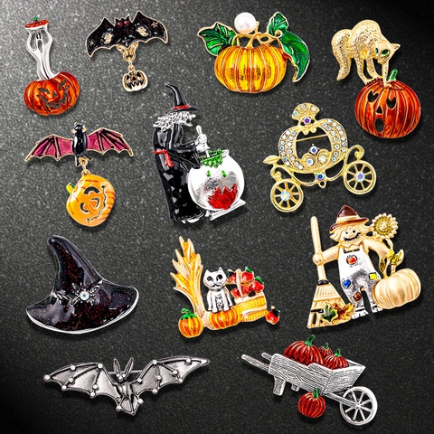 Alloy Enamel Halloween Brooch Pin Pumpkin Bat Ghost Witch Hat Scarecrow Gothic Costume Accessory Jewelry Women Men Festive