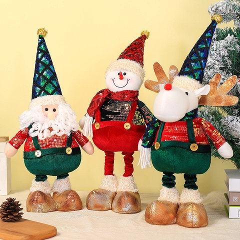 Christmas Santa Snowman Reindeer Telescopic Leg Plush Doll Ornament Sequin Glitter Hat Festive Home Window Decoration