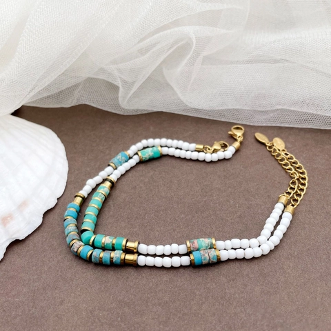 Bohemian Stainless Steel Bracelet Natural Stone Beaded Layered Chain For Women Ethnic Style Adjustable Handmade Wrist Jewelry