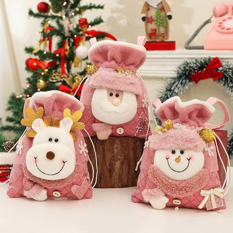 Pink Sequin Plush Christmas Gift Bag Santa Snowman Reindeer Handheld Drawstring Holiday Candy Pouch