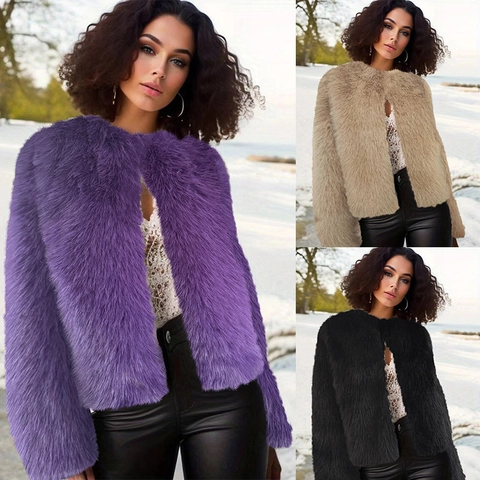 Women Faux Fur Coat Short Plush Jacket Round Neck Long Sleeve Chic Warm Winter Streetwear Elegant Solid Color Outerwear