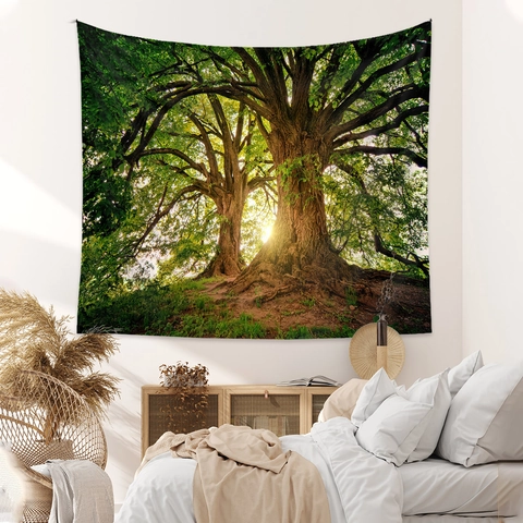 Arazzo Da Parete Paesaggio Foresta Nordica Poliestere Natura Albero Luce Solare Stampa Stoffa Appesa Per Camera