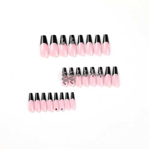 Unghie Finte Press On Coffin Lunghe Rosa Nero Francese Gothic Punk Serpente Croce Ciondoli Metallo Strass Manicure