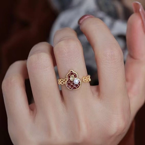 Gourd Öffnet Ring Messing Echt Vergoldet Rot Emaille Künstliche Perle Ginkgo Blatt Neo-Chinesisch Vintage Verstellbar Für Damen