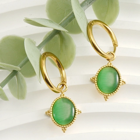 Boucles D'oreilles Créoles Rétro Avec Pendentif Ovale En Pierre Œil De Chat Vert Acier Inoxydable Plaqué Or 18K Femmes