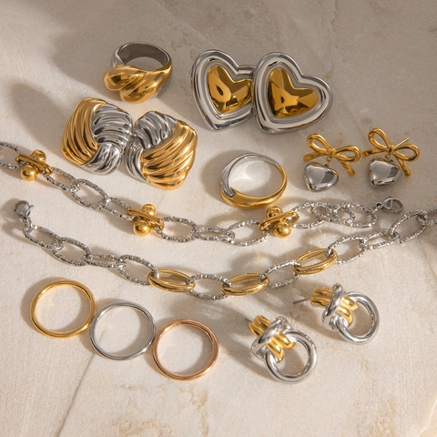 Zweifarbige Edelstahl Halskette Ohrringe Ringe Für Damen Mode Gold Silber Herz Schleife Geometrisch Wasserdicht Hypoallergen