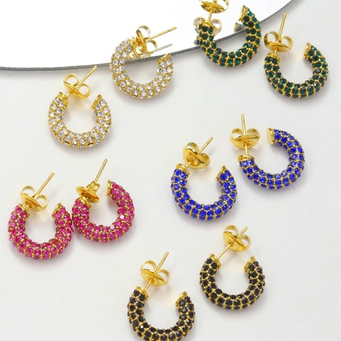 Fashion Stainless Steel C-Shaped Hoop Earrings For Women Sparkling Rhinestone Inlaid Gold Plated Geometric Ear Jewelry Accessory