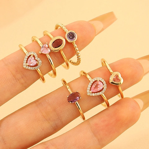 Heart Shape Pink Zircon Water Drop Adjustable Open Ring Copper Vintage Sweet Colorful Jewelry For Women