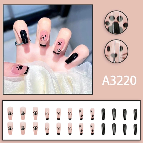 Faux Ongles Rose Noir Patte De Chat Dessin Animé Style Français Long Cercueil Ongles Artificiels Faux Ongles À Presser