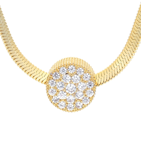 Collier Pendentif Rond en Cuivre Zirconia Vintage pour Femmes Chaîne Serpent Électroplaqué Minimaliste Élégant Bijoux de Mode Cadeau