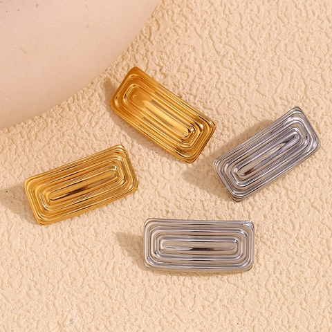 Minimalist Geometric Rectangular Stud Earrings With 18K Gold Plated Stainless Steel Ribbed Texture For Women