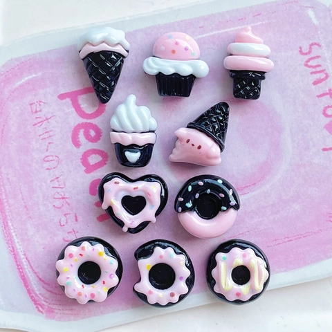 Miniature Ice Cream Donut Resin Cabochons Flatback DIY Jewelry Making Phone Case Accessories Crafting Decor Pink Black