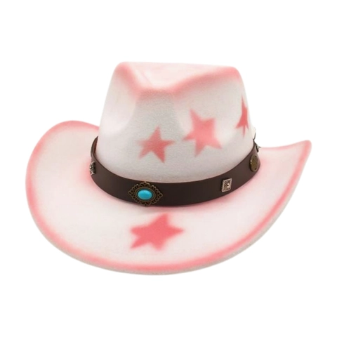 Western Cowboy Hat Cotton Polyester Star Pattern Vintage Wide Brim Felt Hat With Turquoise Leather Band For Unisex