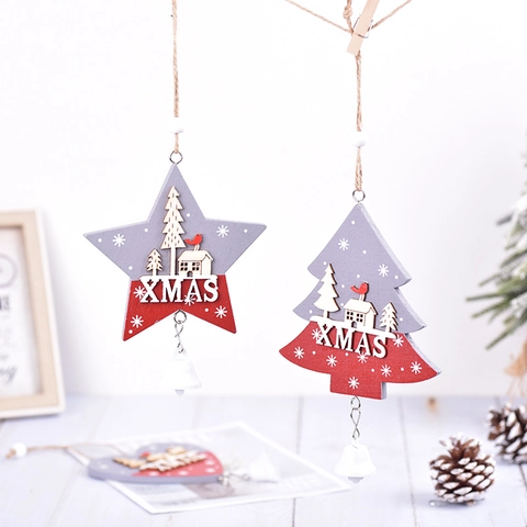 Wooden Christmas Hanging Ornaments Star Heart Tree Shapes With Bells For Holiday XMAS Decor