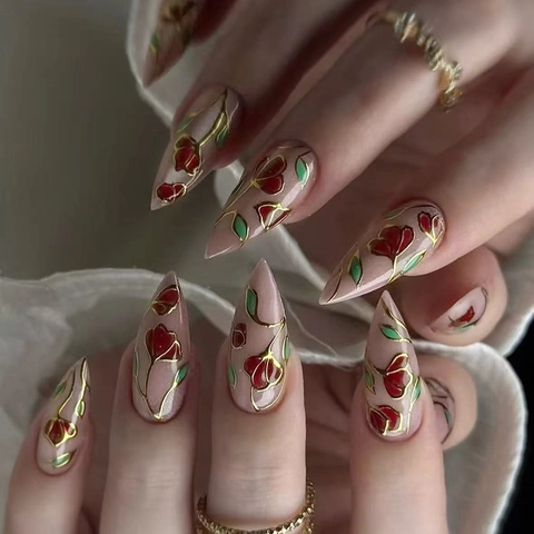 Uñas Postizas Retro Rose Floral Press On Forma Almendra Plástico ABS Borde Dorado Elegante Para Mujeres Rosa Nude